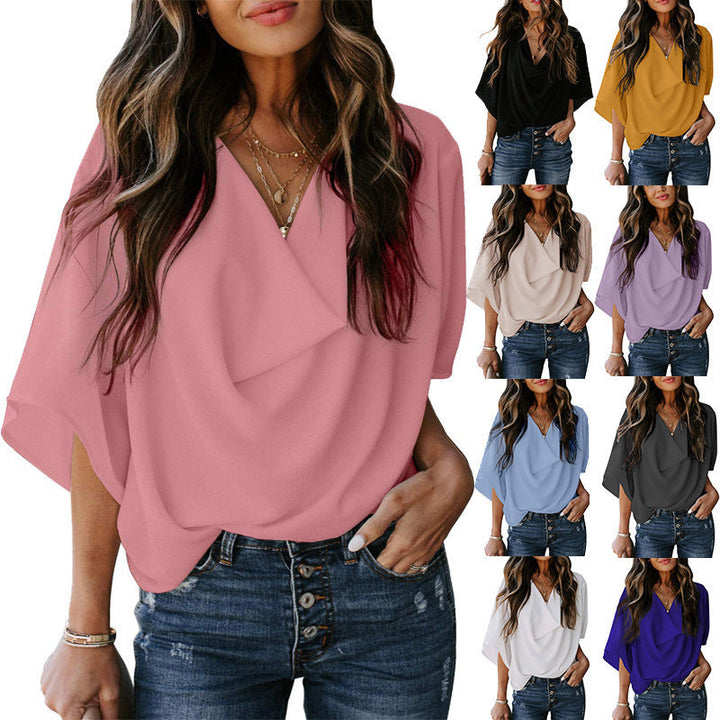 Damen lässiges Oversized-Oberteil mit drapiertem V-Ausschnitt Drune