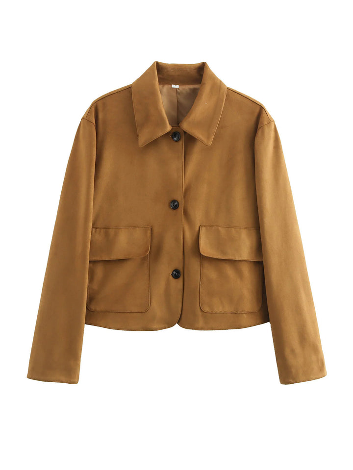 Damen modische Kurzjacke aus hochwertigem Wildlederimitat mit praktischen Taschen Drune