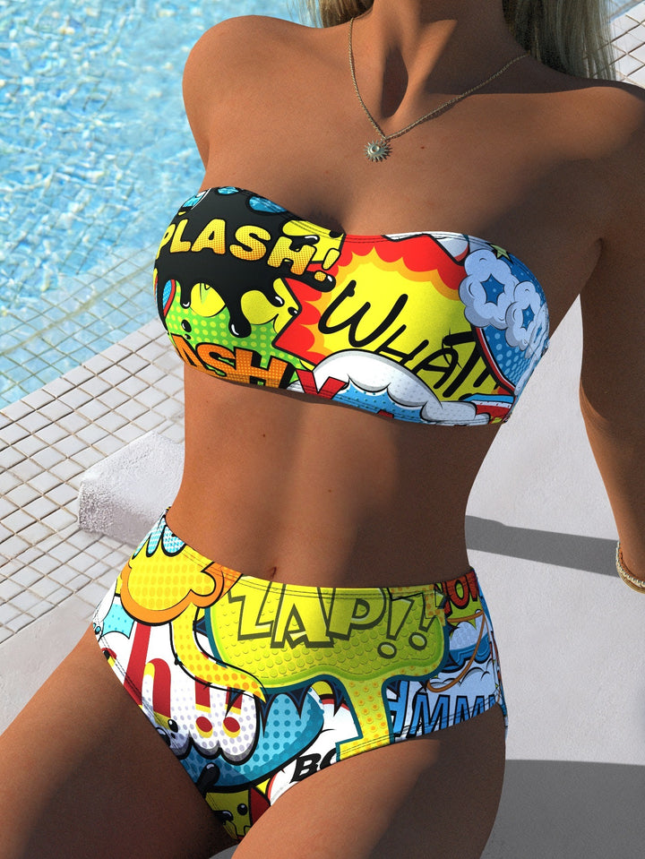 Damen Bandeau Bikini-Set mit tierischem Muster und hohem Taillenbund Drune