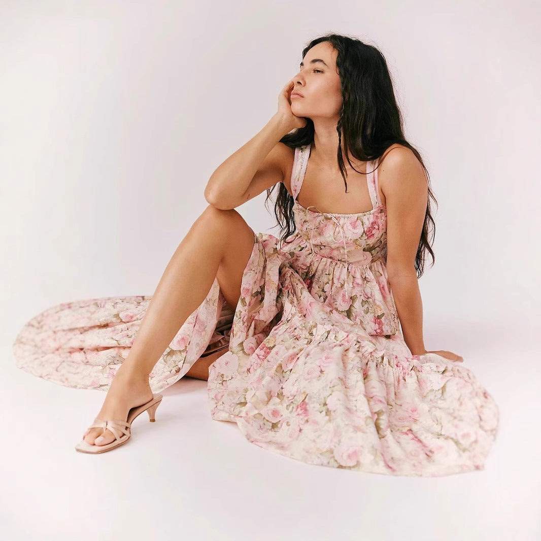 Damen luftiges Blumenkleid mit Spitzeneinsätzen und verstellbaren Trägern Drune