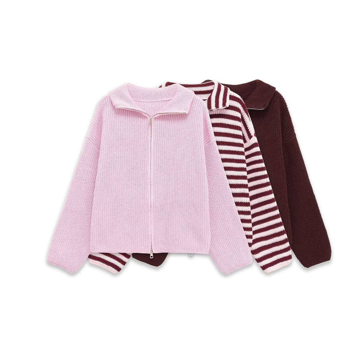 Damen gestreifte Strickjacke mit bequemer Kapuze und Reißverschluss Drune