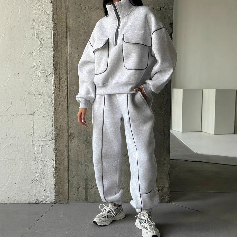 Damen nan Oversize Halbzip-Sweatshirt mit aufgesetzten Klappentaschen und Kontrastpaspeln Drune
