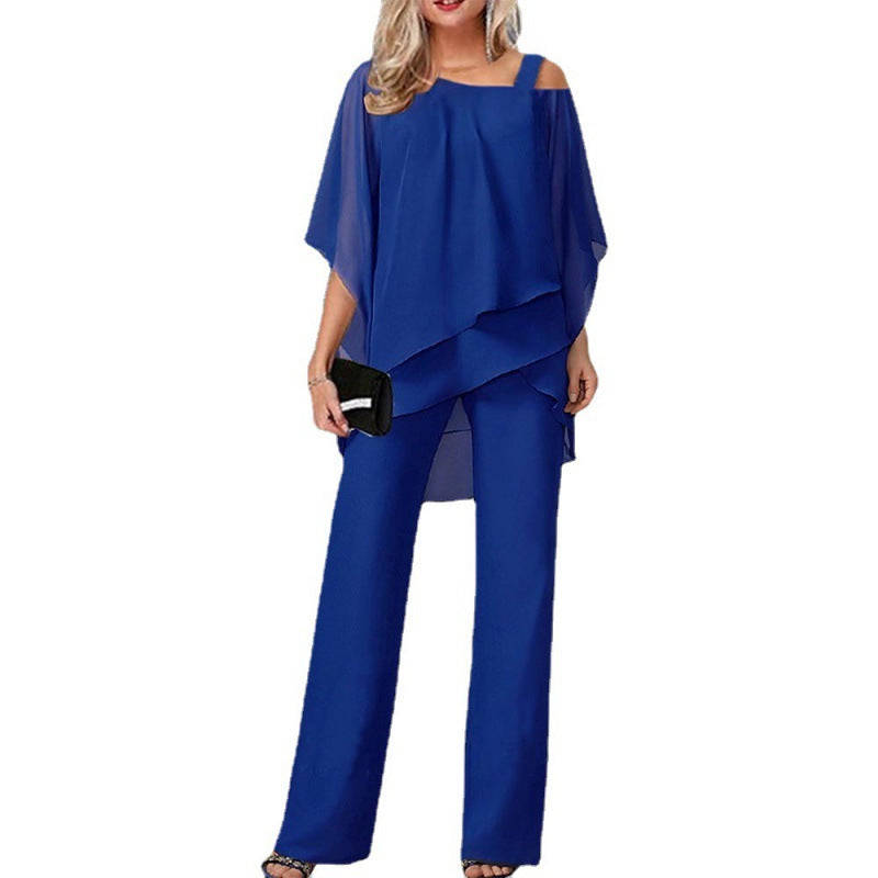 Damen elegantes zwei-teiliges Outfit mit asymmetrischem Oberteil und weiten Hosen Drune