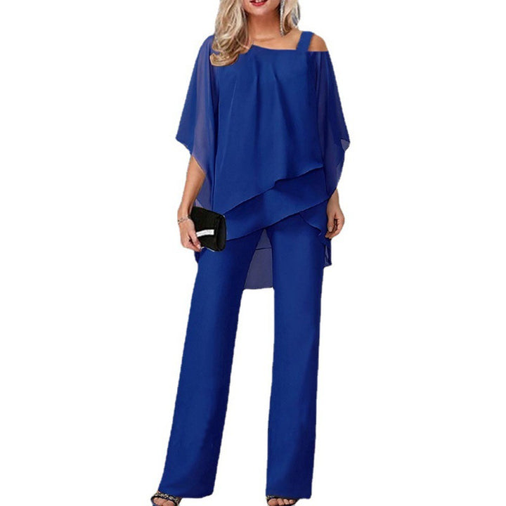 Damen elegantes zwei-teiliges Outfit mit asymmetrischem Oberteil und weiten Hosen Drune