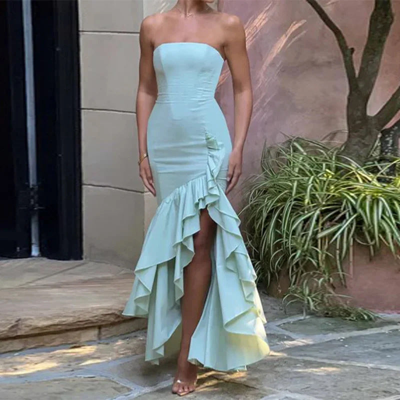Damen Dramatisches Hochzeitskleid mit Rüschen und hohem Schlitz Drune