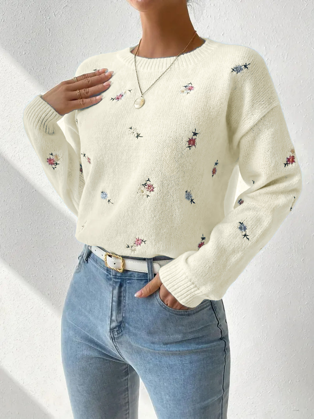 Damen festlicher Pulli mit floralen Stickereien und lässigem Schnitt Drune
