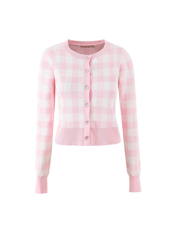 Damen modischer karierten Strickjacke mit Rundhalsausschnitt und Knopfverschluss Drune
