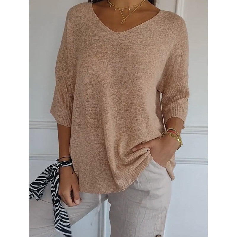 Damen nan locker sitzender V-Ausschnitt Feinstrickpullover mit dreiviertelÄrmeln Drune