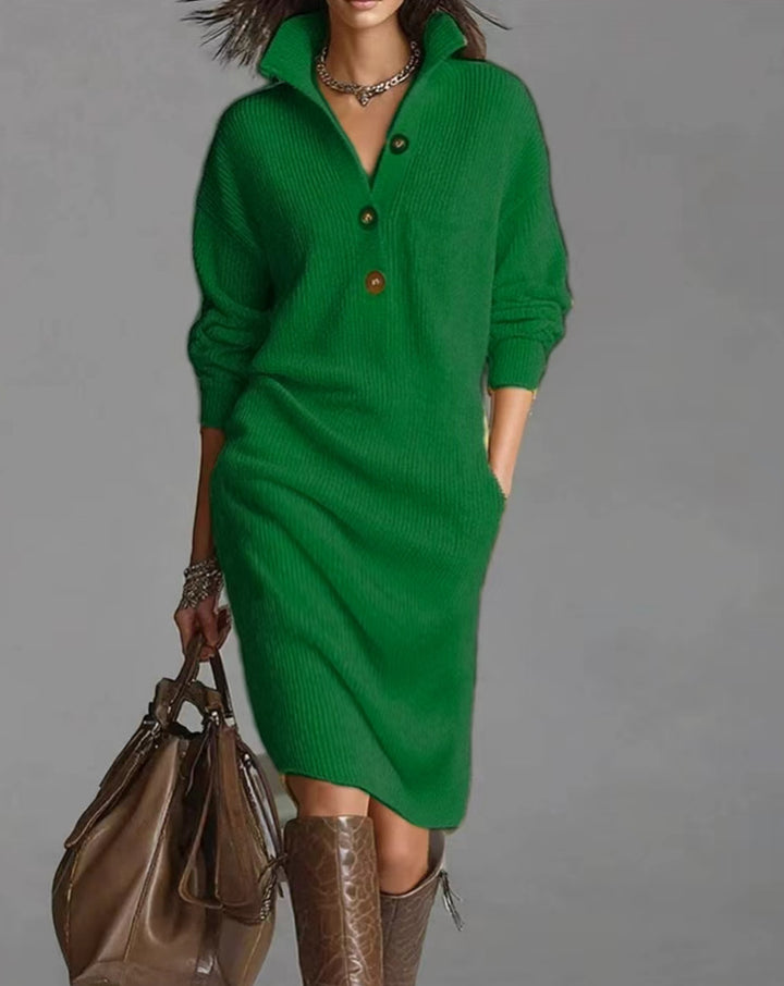 Damen nan gestricktes Pulloverkleid mit Polokragen, Eingrifftaschen und lässiger Passform Drune