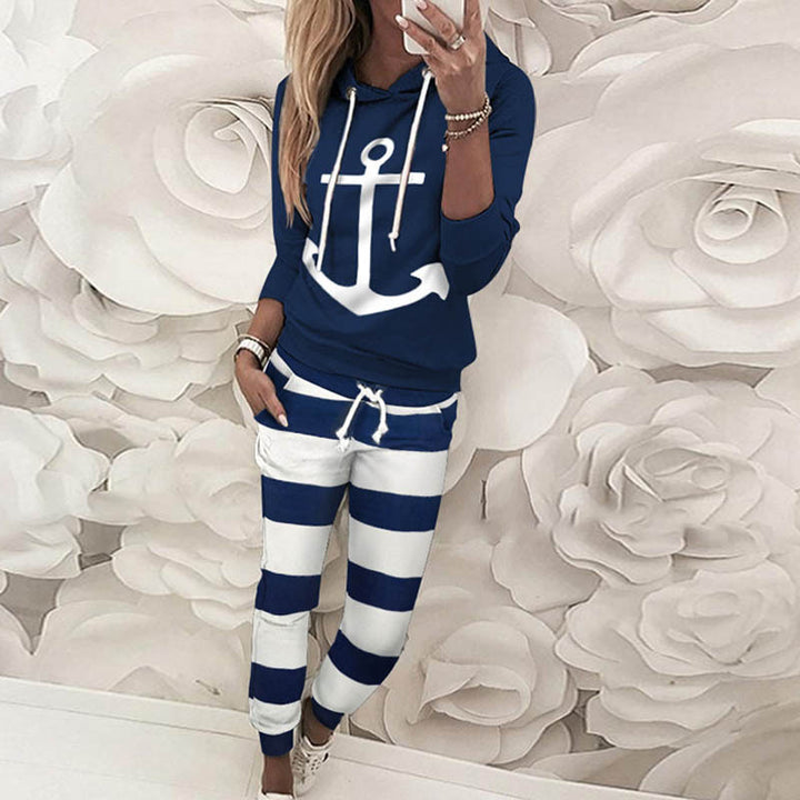 Damen Freizeit-Hoodie mit maritimem Ankerdesign und gestreiften Jogginghose Drune