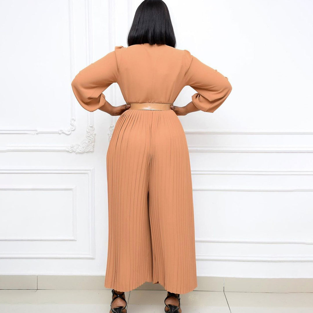 Damen Plissee Jumpsuit mit elegantem Gürtel und weit ausgestellten Ärmeln Drune