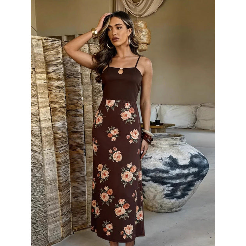 Damen Maxi-Kleid mit modischem Blumenmuster und schmalen Spaghettiträgern Drune