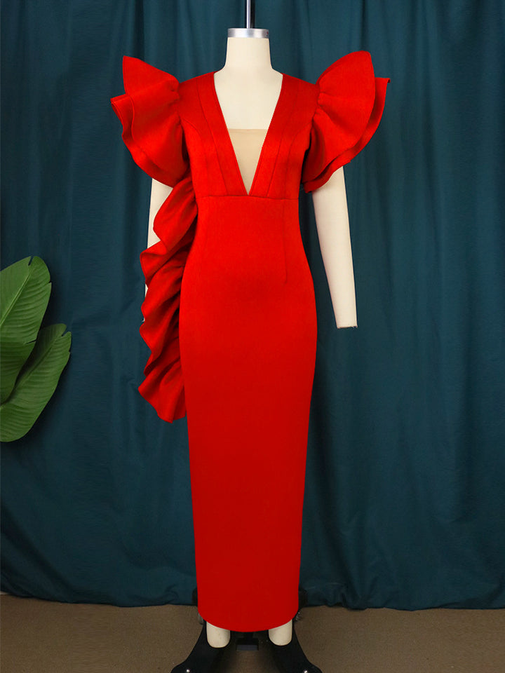 Damen figurumspielendes Abendkleid mit voluminösen Rüschenärmeln Drune