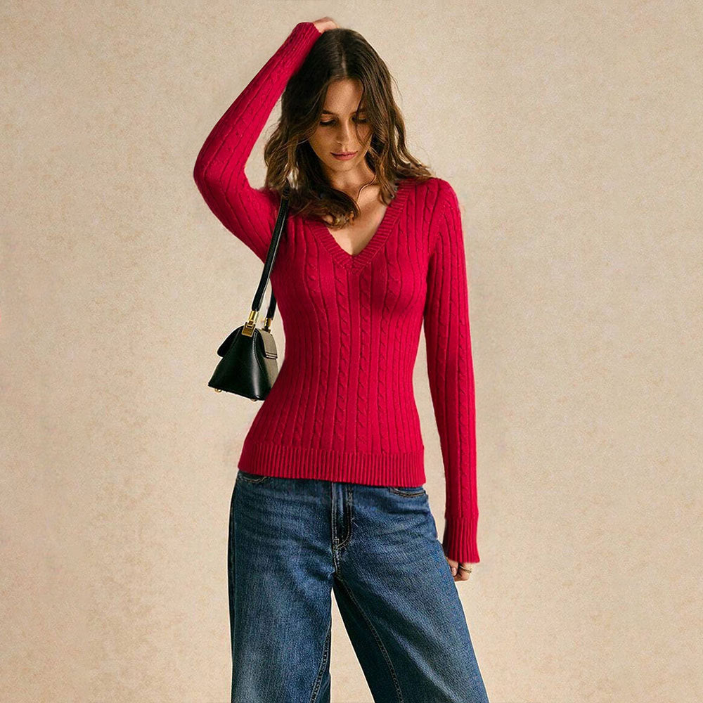 Damen Strickpullover mit V-Ausschnitt und Rippmuster Drune
