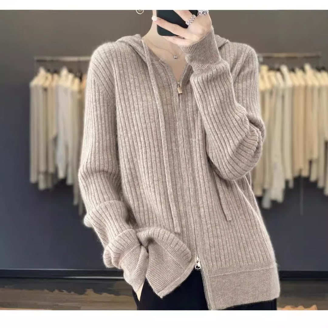 Damen Strickpullover mit Kapuze und Reißverschluss Drune