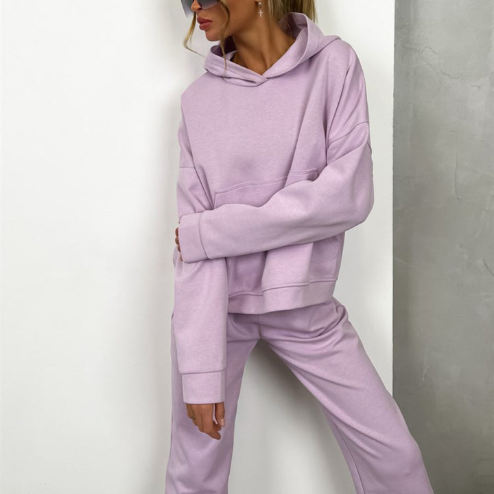 Damen nan Cropped Kapuzenpullover und taillierte Bündchen-Jogginghose Set aus schwerem French Terry Drune
