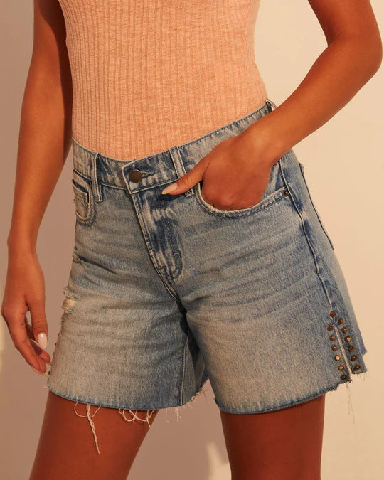 Damen modische Destroyed Denim-Shorts mit Nietenverzierung Drune