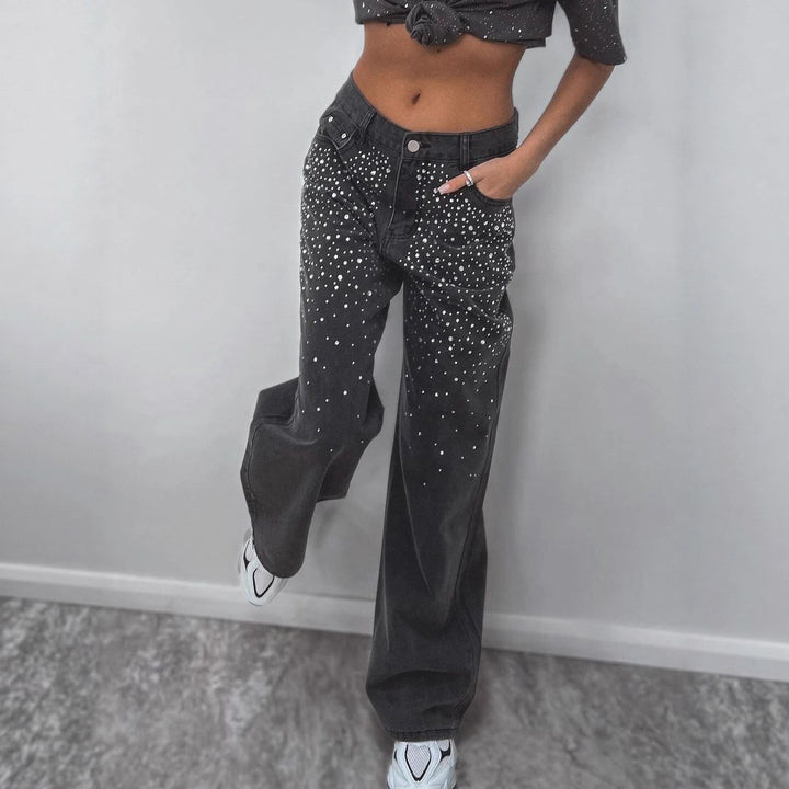 Damen elegante High-Waist Jeans mit funkelnden Details Drune