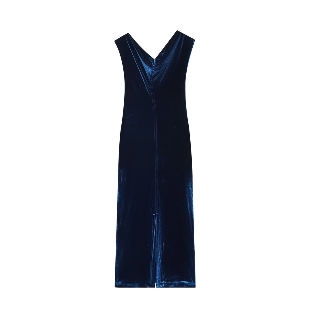 Damen Samt Maxikleid mit elegantem V-Ausschnitt und raffiniertem Schlitz Drune