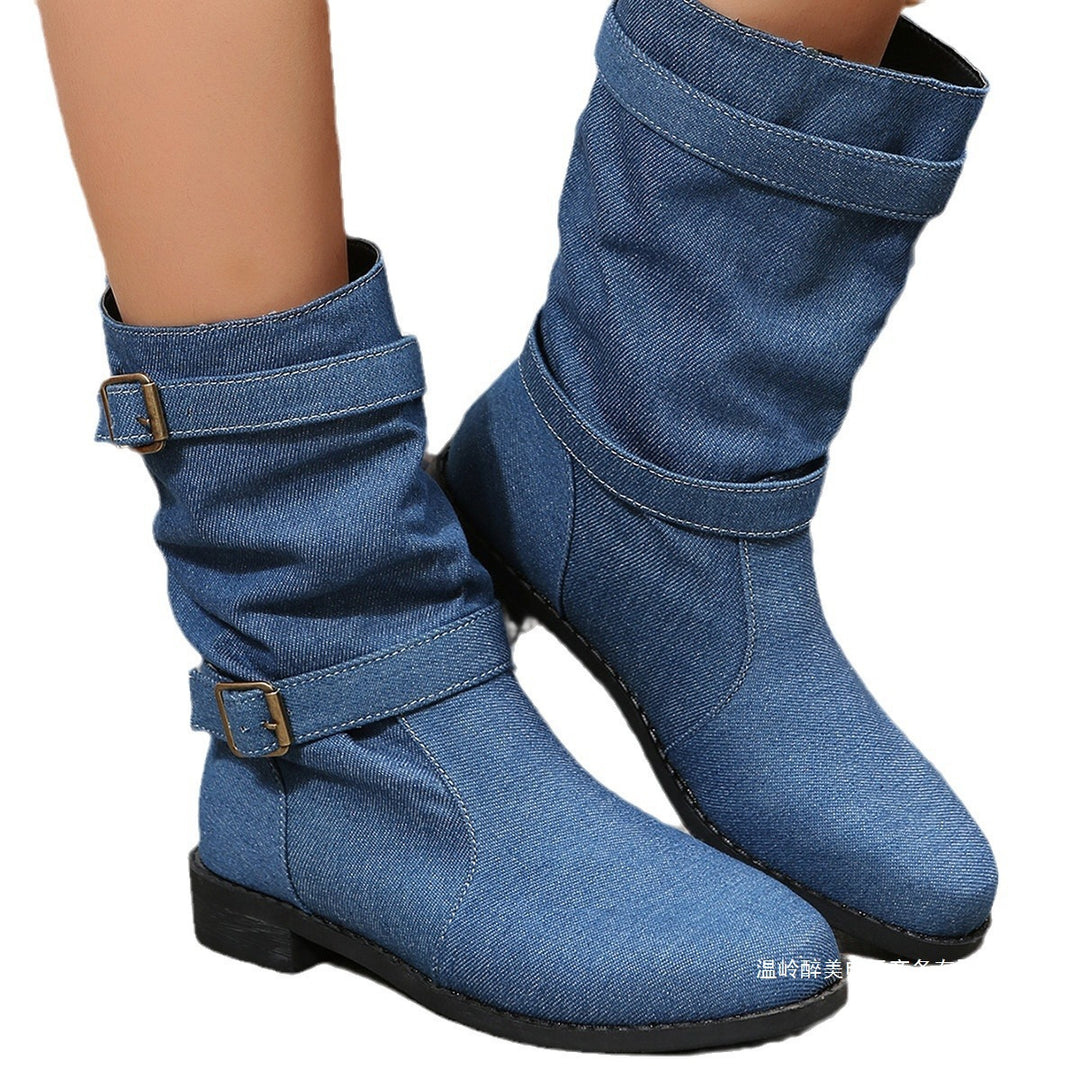 Damen nan lässige Slouch-Ankleboots mit zwei Zier-Riemen und dekorativen Metallschnallen Drune