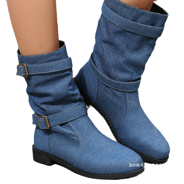 Damen nan lässige Slouch-Ankleboots mit zwei Zier-Riemen und dekorativen Metallschnallen Drune