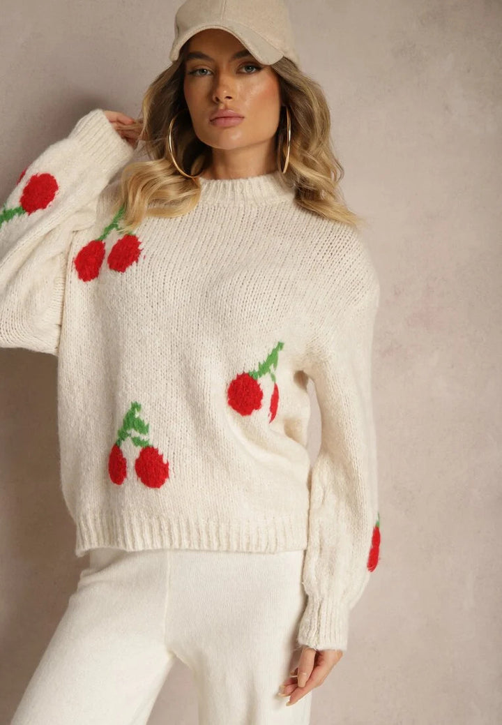 Damen Strickpullover mit fruchtigem Kirschmotiv und lässigem Schnitt Drune