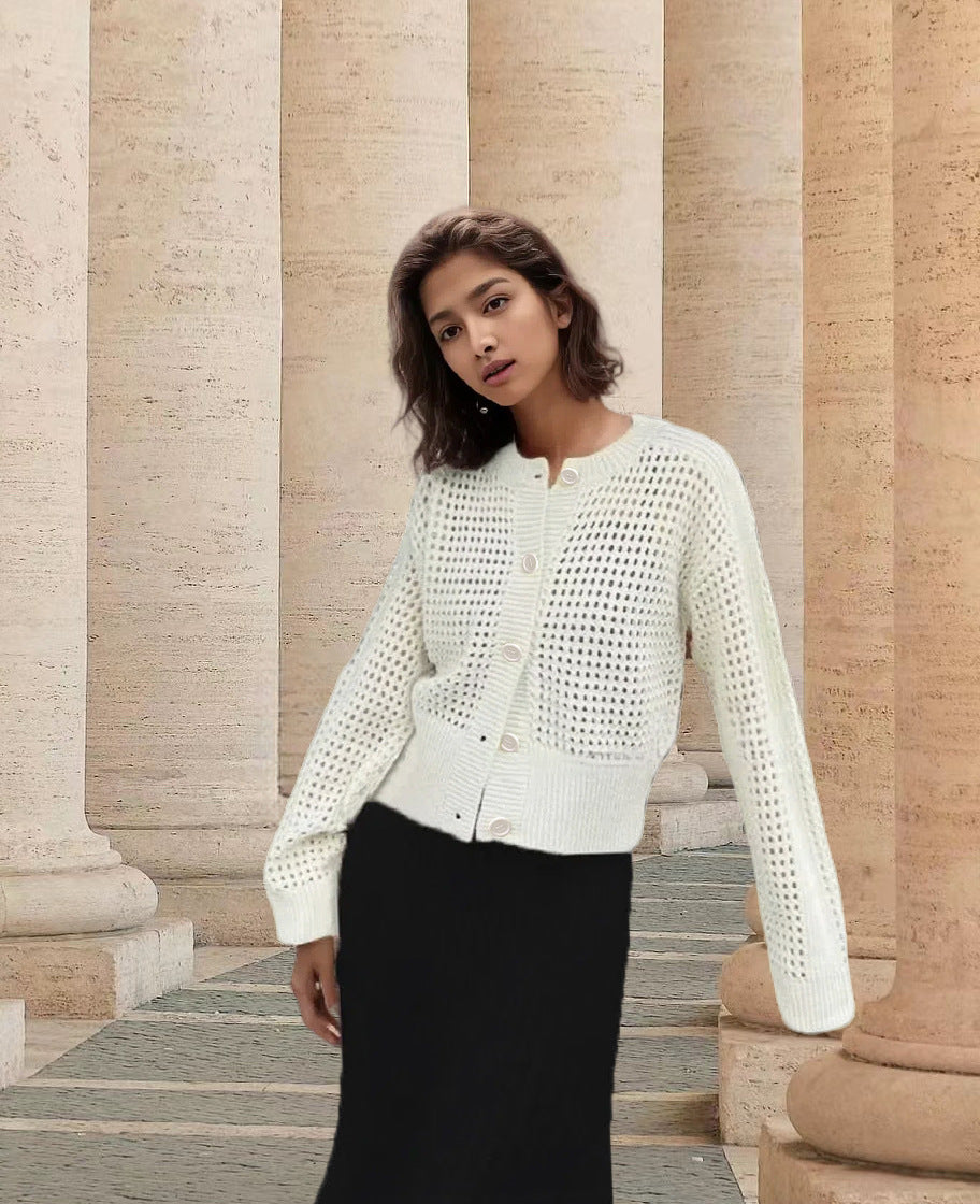 Damen Strickjacke mit offenem Netzdesign und großen Knöpfen Drune