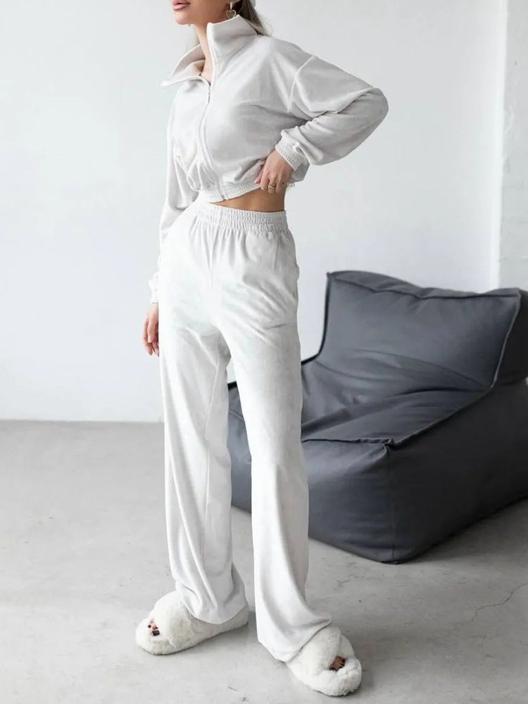 Damen Velours-Loungewear-Set mit hohem Kragen und elastischem Bund Drune