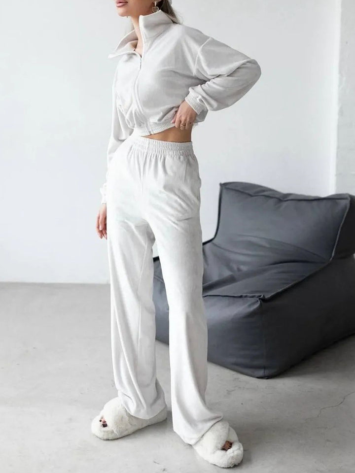 Damen Velours-Loungewear-Set mit hohem Kragen und elastischem Bund Drune