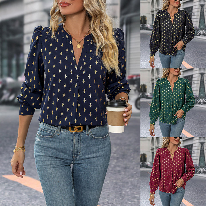 Damen Bluse mit elegantem V-Ausschnitt und feinen Rüschendetails Drune