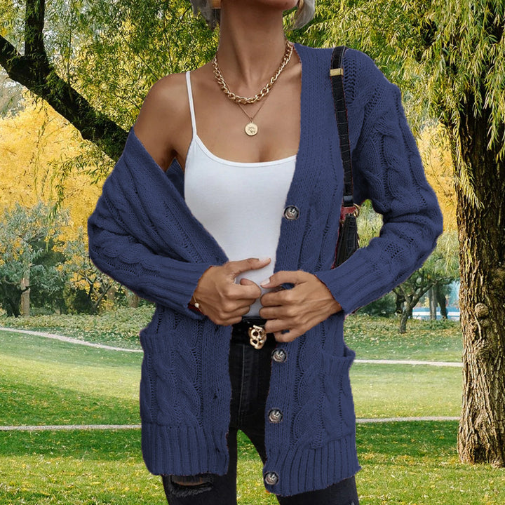 Damen grobstrickige Cardigan mit Taschen und modischem Zopfmuster Drune