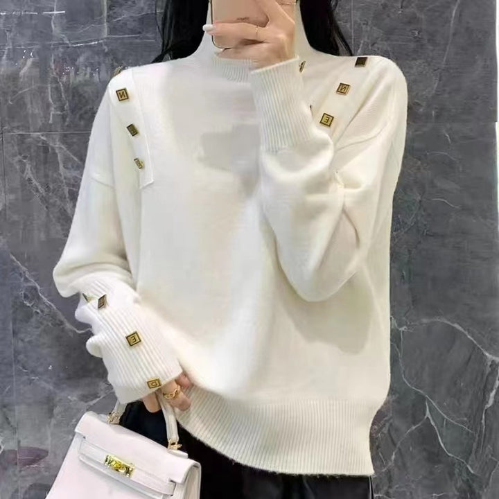 Damen Rollkragenpullover mit dekorativen Knopfdetails Drune