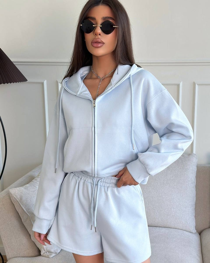Damen lässiger Hoodie und Shorts Set mit weitem Schnitt und atmungsaktivem Material Drune