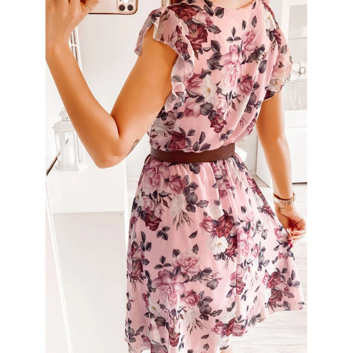 Damen Sommerliches Blumenkleid mit Rüschendetails und Taillengürtel Drune