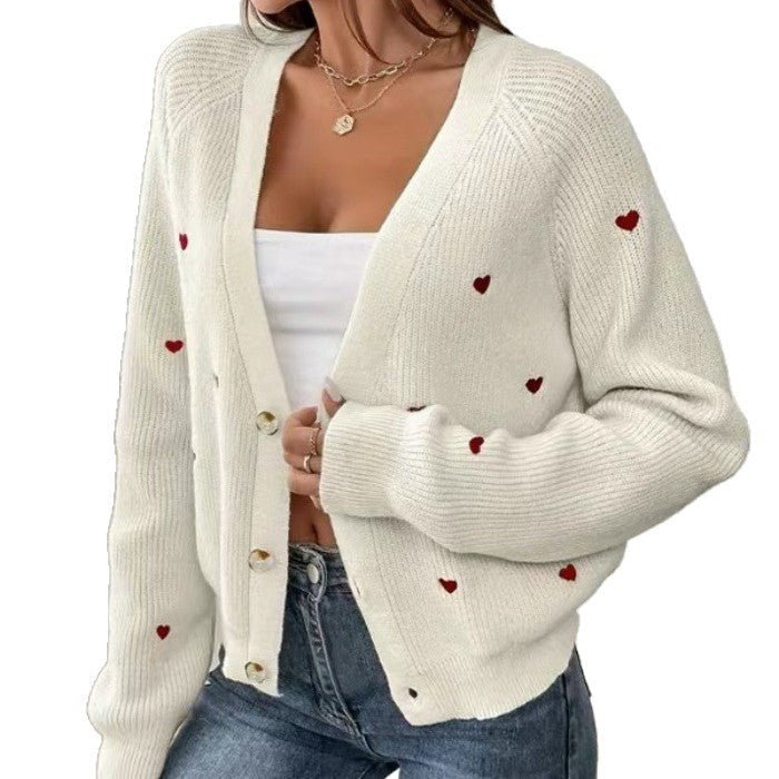 Damen lässige Strickjacke mit Herzapplikationen und tiefem V-Ausschnitt Drune