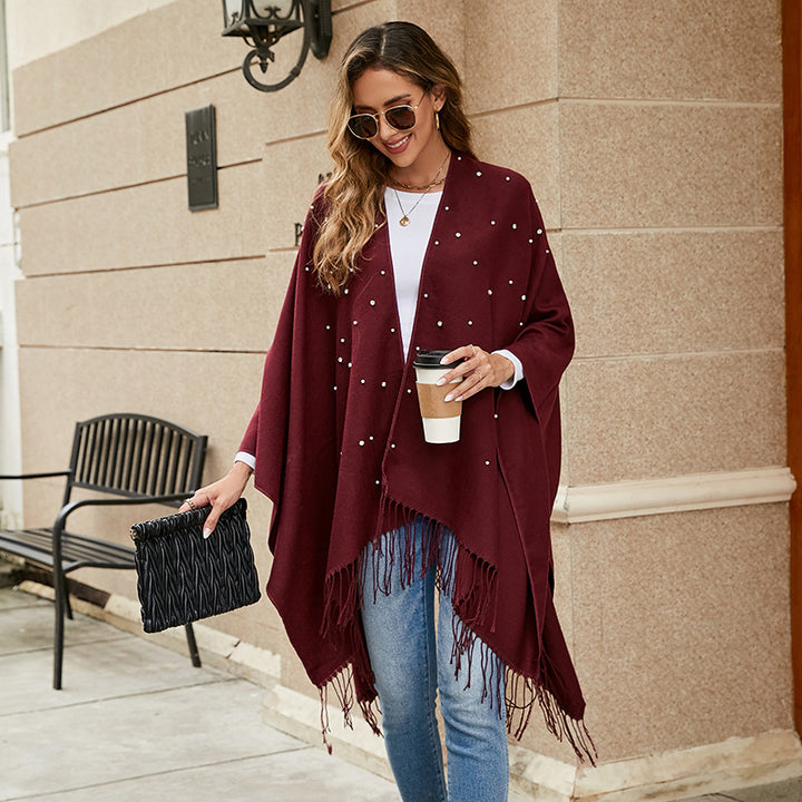 Damen Eleganter Poncho mit floralem Stickmuster und fransigen Kanten Drune