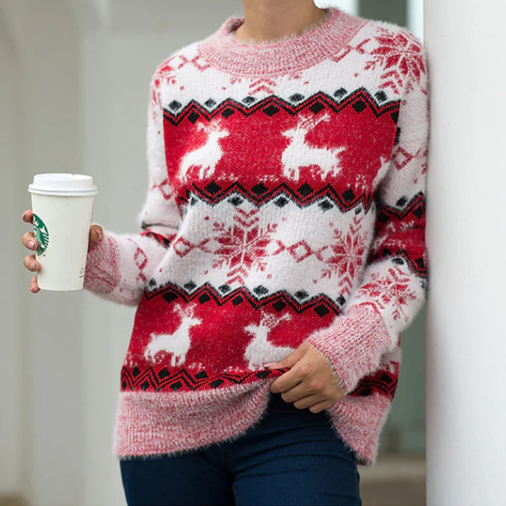 Damen Strickpullover mit festlichem Rentier- und Schneeflockenmotiv Drune