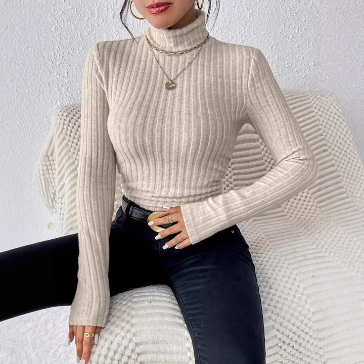 Damen elegantes Rippstrick-Oberteil mit hohem Kragen und längerem Schnitt Drune