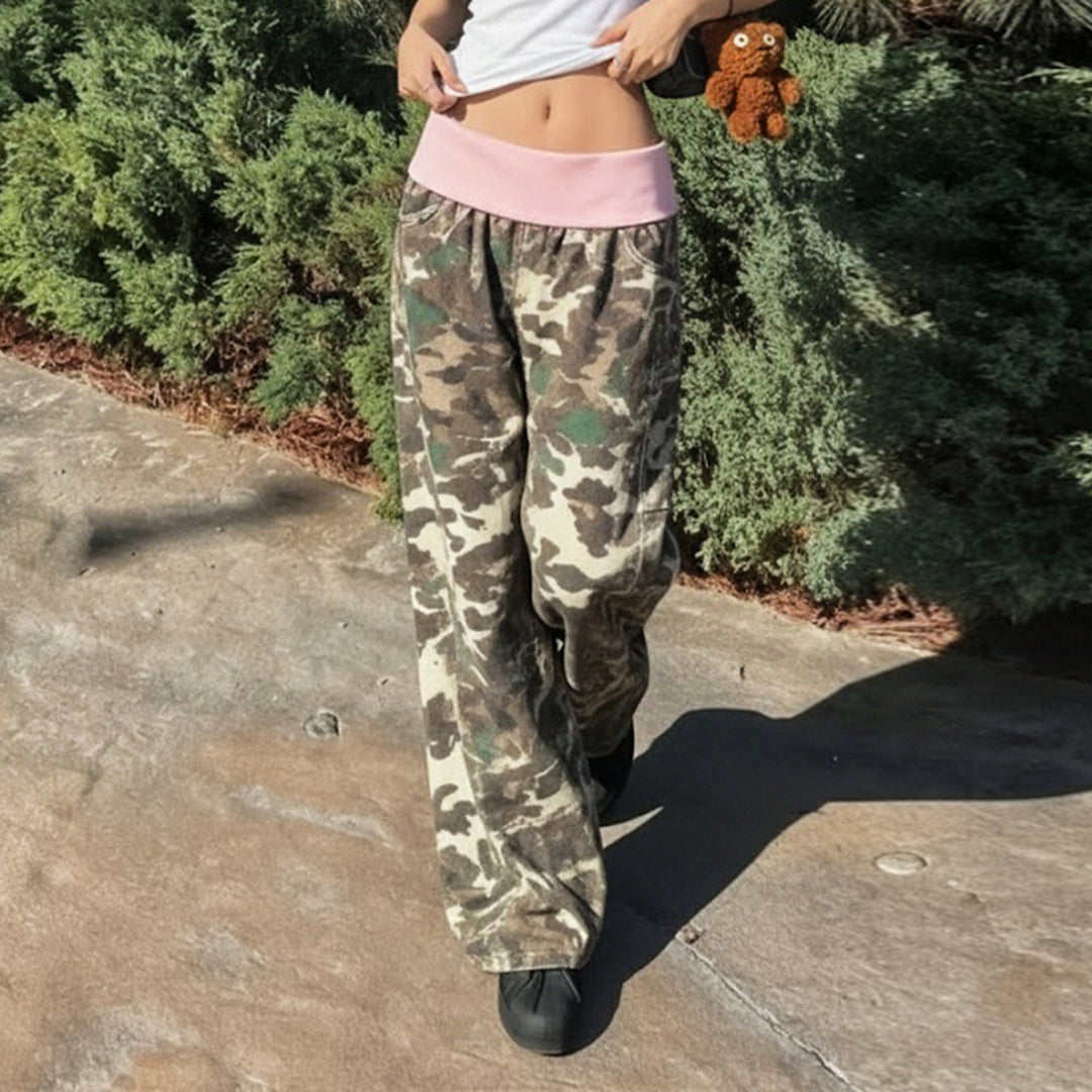 Damen nan weite Lounge-Hose mit Umschlagbund, Camouflage‑Muster und elastischem Komfortstretch Drune