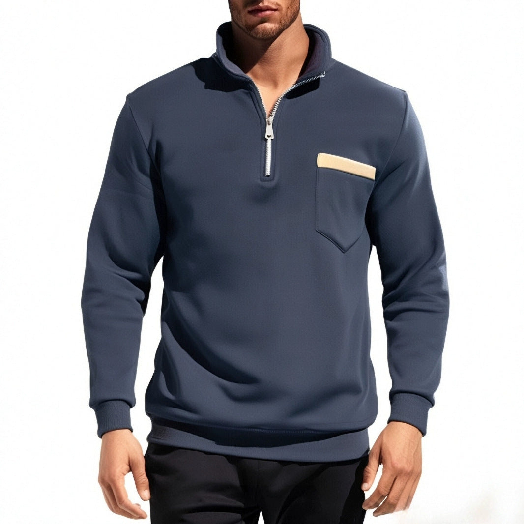 Herren nan feinstrukturiertes Halbzip-Feinstrickpullover mit Stehkragen, Brusttasche und schmaler Silhouette Drune