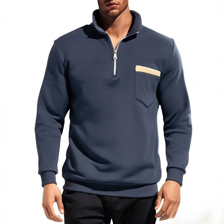 Herren nan feinstrukturiertes Halbzip-Feinstrickpullover mit Stehkragen, Brusttasche und schmaler Silhouette Drune