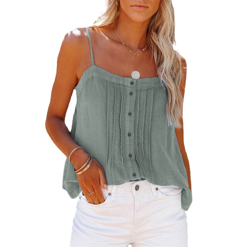 Damen luftiges Spaghettiträger-Oberteil mit kariertem Design und Knopfdetails Drune