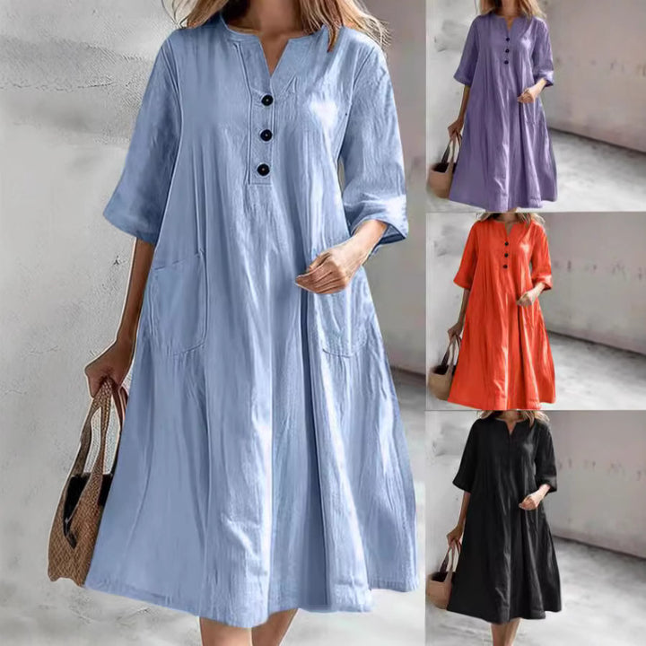 Damen nan locker fallendes A-Linien Kleid mit V-Ausschnitt-Knopfleiste, 3/4-Ärmeln und aufgesetzten Eingrifftaschen Drune