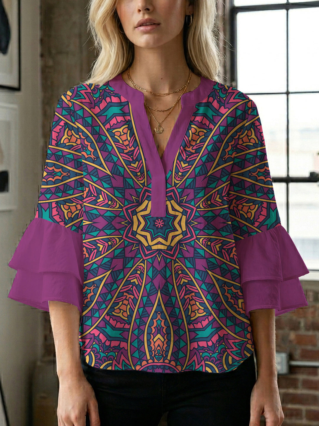 Damen elegantes Blusenshirt mit voluminösen Rüsenärmeln und grafischem Blumendesign Drune