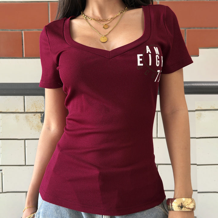 Damen Kurzarmshirt mit V-Ausschnitt und grafischem Print Drune