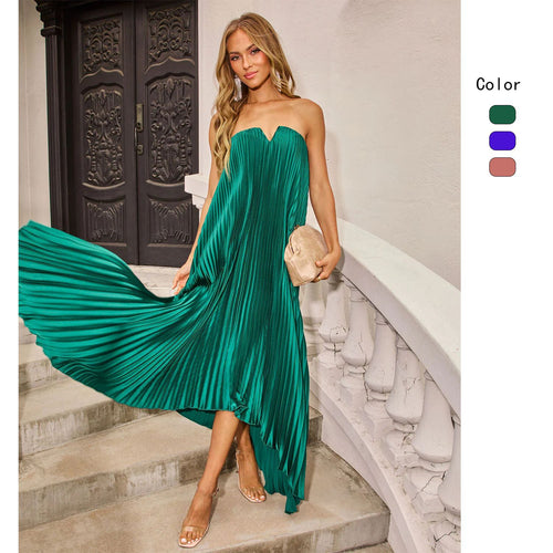 Damen Maxikleid mit plissiertem Oberteil und elegantem V-Ausschnitt Drune