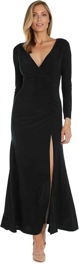 Damen elegantes Maxikleid mit tiefem V-Ausschnitt und seitlichem Schlitz Drune
