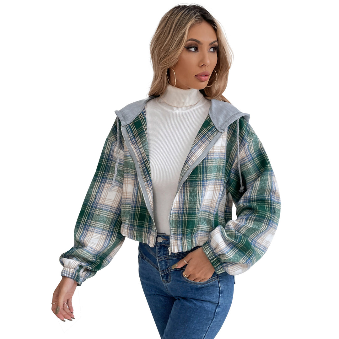Damen cropped Flanelljacke mit Kapuze und modernem Karomuster Drune