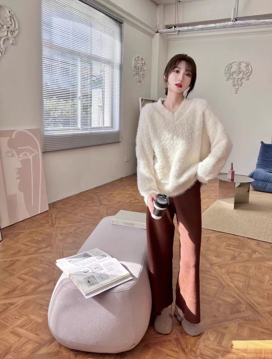 Damen Flauschiger V-Ausschnitt Pullover mit weichem Material und lässigem Schnitt Drune