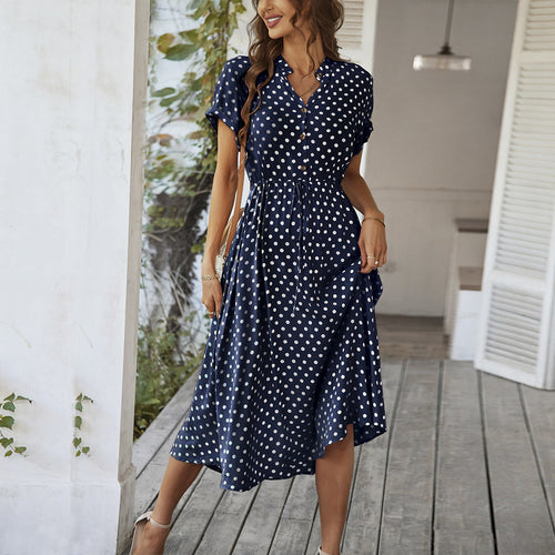 Damen Elegantes Hemdblusenkleid mit tailliertem Design und Polka-Dots Drune